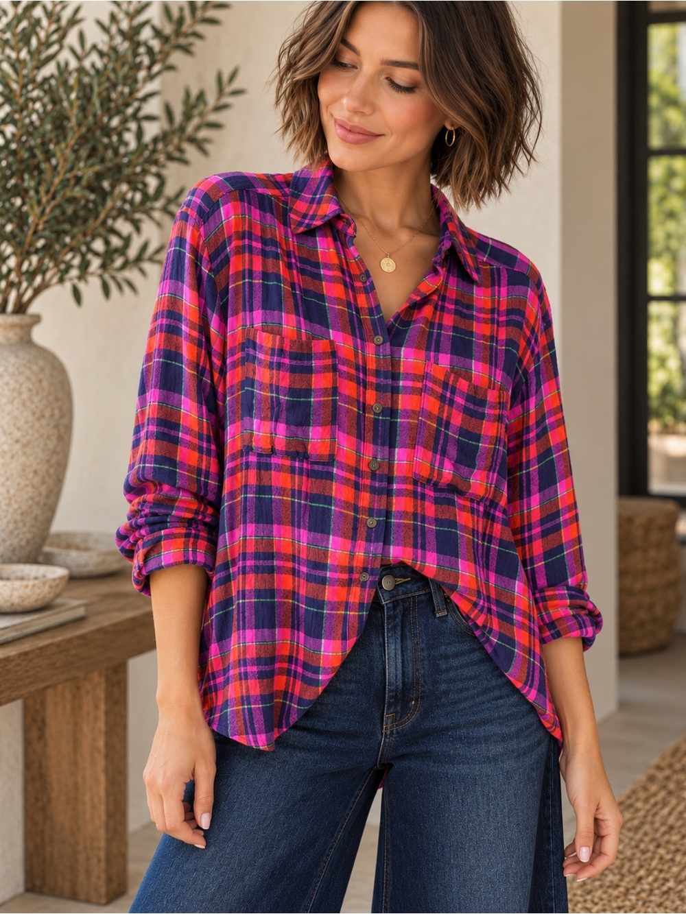 Pilcro Anthropologie Plaid Button Down Shirt Small Pink Purple #942